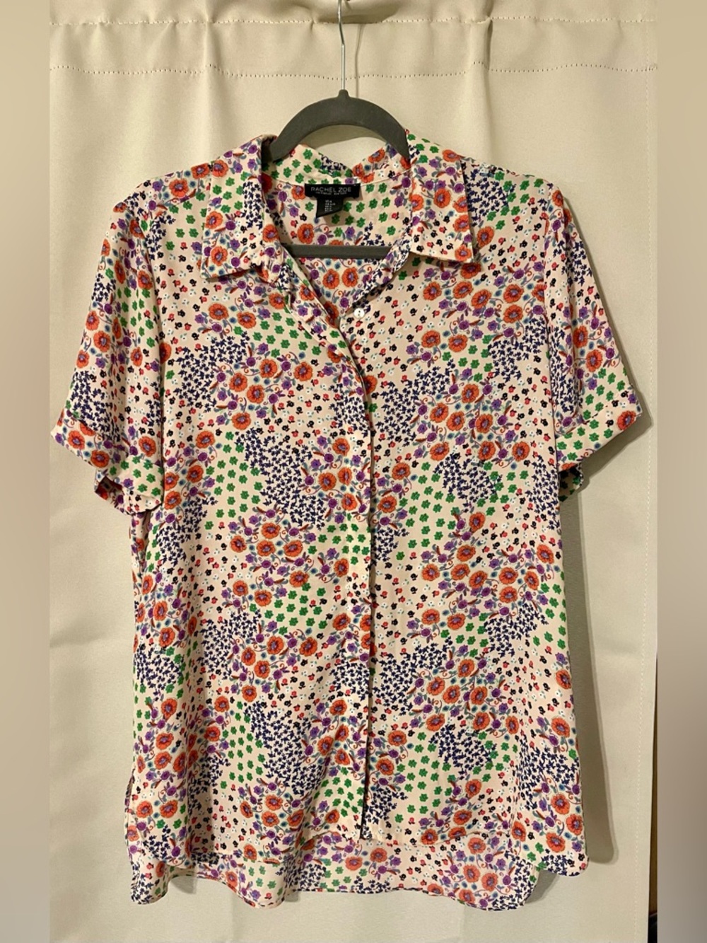 Rachel Zoe Cream Multicolor Floral Short-Sleeve Button-Down Blouse